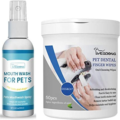 Kit Dental con Almohadillas de Limpieza y Spray Refrescante para Higiene Bucal en Perros y Gatos - Almohadillas para Dientes, Dentífrico en Spray para el Mal Olor Boca Perro, Sin Cepillado