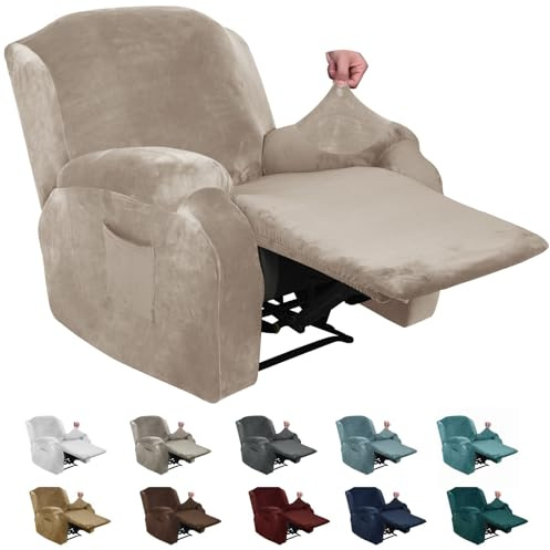XINEAGE 4-teiliges Samt-Schonbezug-Set für Liegestuhl, dehnbar, mit Seitentasche, rutschfest, passgenau, elastische Unterseite (Khaki)