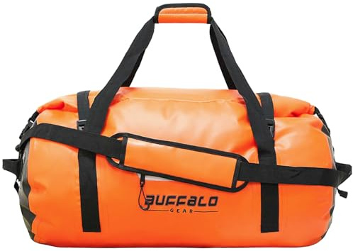 Buffalo Gear Wasserdichte Reisetasche, 40 l, 60 l, 80 l, Roll-Top, strapazierfähig, wasserdicht, Reisetasche für Kajakfahren, Rafting, Bootfahren, Angeln, Camping, Orange/Abendrot im Zickzackmuster