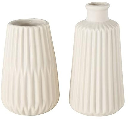 Deko Vase im 2er Set aus Keramik Mattes Design mit Rillen Höhe 18 cm Blumenvase Tischdekoration - Beige