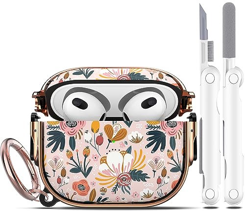 R-fun compatibile Con AirPods 3 Custodia Con blocco di sicurezza e kit di pulizia, Stampa Floreale per AirPods 3a generazione Custodia Con portachiavi,Fiore