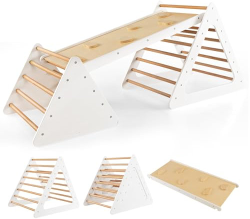 DREAMADE 3 in 1 Kletterdreieck mit Rampe & Leiter, Holzdreieck Sprossendreieck Klettergerät, Kletterspielzeug, klappbare Indoor Klettergerüst aus Holz für Kinder ab 3 Jahre (Weiß)