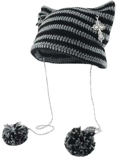 Y2k Beanies Häkeln Gestrickte Katze Hüte Goth Kreuz Teufel Hut Gestreift Alt Emo Zubehör Grunge Y2k Ästhetische Kleidung, Grau, Einheitsgröße