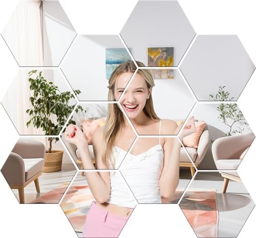 szdianhai 6 Stück hexagon Wandspiegel Fliesen, selbstklebender spiegel,Rahmenloser HD Spiegel Set in Küche, Wohn und Badezimmer für Schlafzimmer Wohnzimmer Badezimmer und Heim Fitnessstudio,Schranktür