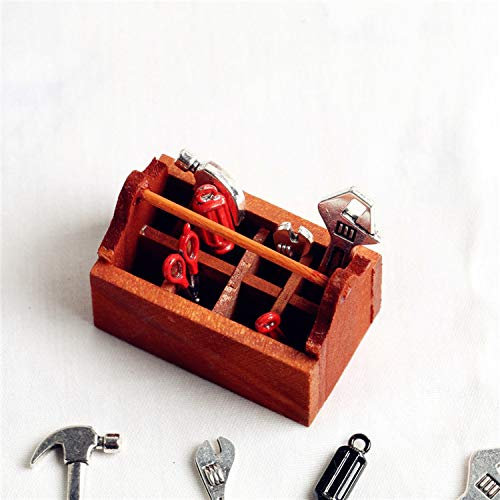 EHOTER Miniatur Werkzeugkasten Werkzeugkiste Holz mit Werkzeug 8 Stück Puppenhaus Wichteltür Zubehör Weihnachten Miniatur Holz Toolbox Modell für Puppenhaus. Dekoration Spielzeug Geschenk