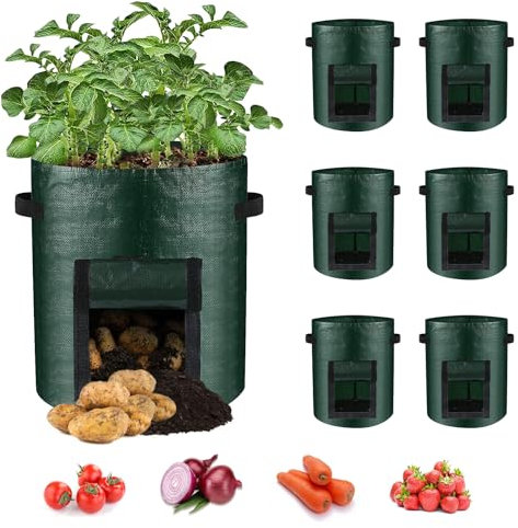 6 Stück Kartoffel Pflanzsack, 15 Gallonen Gemüse Tomatenpflanzen Pflanzsäck mit Stabilen Griffen und Sichtbarer Klappe, Pflanztasche Kartoffelpflanzsack für Tomaten, Kartoffeln, Blumen, Pflanzen