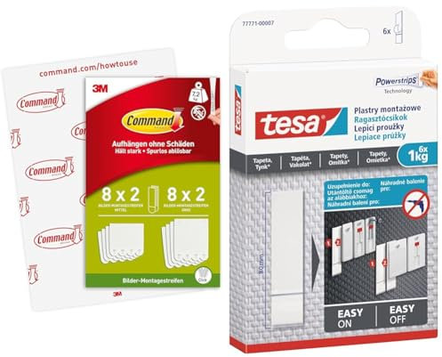 Command Bilder-Montagestreifen & tesa Powerstrips Tapete&Putz - doppelseitige Klebestreifen für Tapete und Gips - Ersatz-Klebestreifen für den tesa® Klebenagel - Haltekraft 1