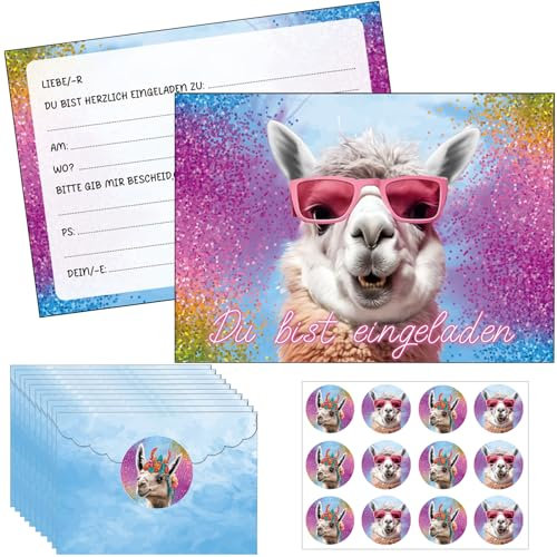 Lama Einladungskarten Kindergeburtstag Mädchen, 12 Stück Einladungskarten Geburtstag, Lustig lässige Alpaka Geburtstag Einladungen, Kindergeburtstag Glitzer Einladungskarten, Party Einladungskarten