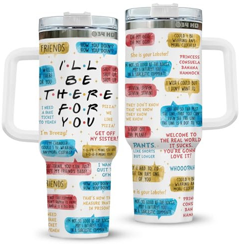 34HD Friends TV Show 20oz Travel Tumbler with Handle – I'll Be There for You Quote Cup – Insulated Stainless Steel Mug for Coffee or Cold Drinks – Funny Gift for Friends Fans, Women, TV Lovers