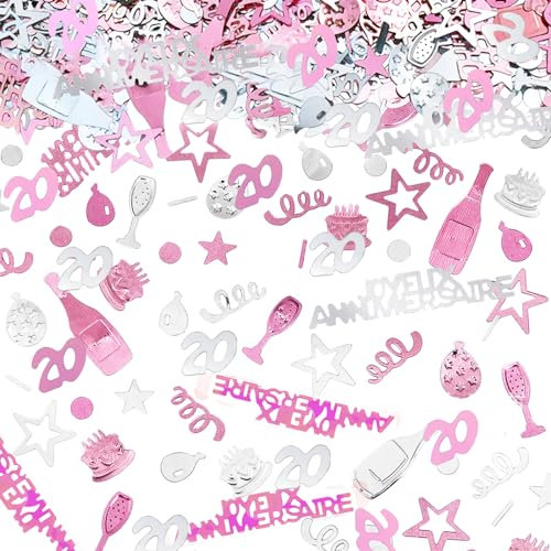 700pcs Confettis Anniversaire Decoration Table Anniversaire Deco de Table - Dore,Argente,Noir Confettis en Joyeux et d'autre dessin chic (Rose 20 ans)