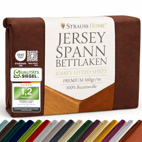 Strauss Home Premium Spannbettlaken Jersey 90x200-100x200 cm - 160 g/m² 100% gekämmte Baumwolle, 25 cm Steg, Oeko-TEX - für Einzelbett, Gästebett, Kinderbett - Schokobraun