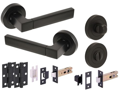 HANDLEZONE® Luxa Door Handles on Rose Bathroom Deadbolt Pack, 76mm Lock and Latch, 75mm Ball Bearing Hinges - Black Matt