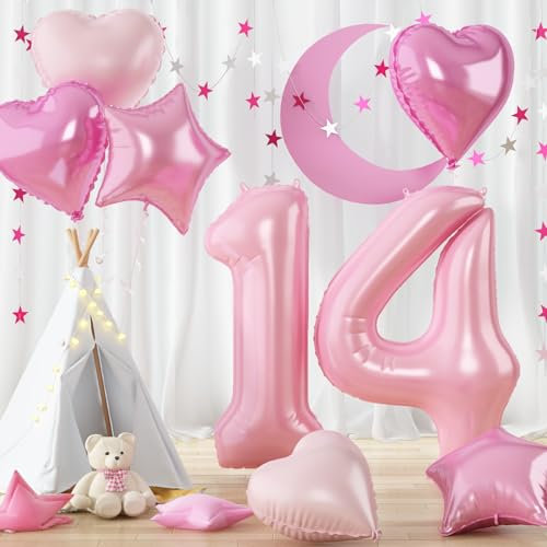 Folienballon 14. Geburtstag Deko, Groß Helium Pastell Rosa Ballon Zahlen mit Hell Pink Herz Stern Ballon für Mädchen 14. Geburtstagdeko, 40'' Zahl Luftballon 14 Jubiläum Valentinstag Party Dekoration