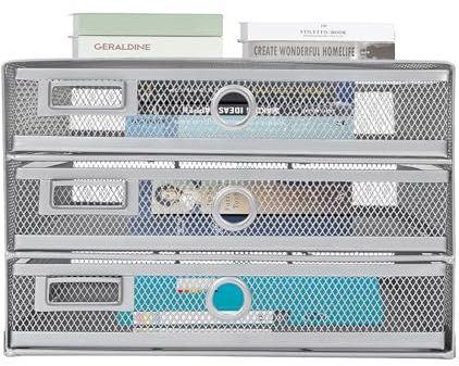Schreibtisch-Organizer,Papier Sortierer mit 3 Schubladen,Stufiger Schreibtisch-Organizer,Dokumente Schubladenbox,Drahtgeflecht Büroablage,Aufbewahrung Ordner,Schnellhefter,Organisator (Silber-grau)