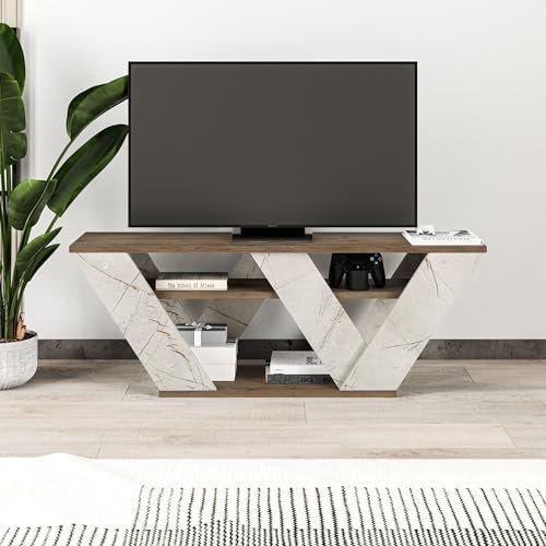 Hocuspicus HOCUS PICUS Modern Designed TV Unit for Livingroom up to 42 Inch TVs | Engineered Wood |110x30x40cm | Easy to Assemble and Clean (Dark Oak, Gold Marble Effect)