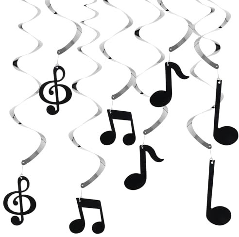 12 Stück Deko Musik Girlande, Hängende Musiknoten Wirbel, Party Dekorationen Aus Folie Mit Musikthema, Party Dekorationen Mit Musikthema Für Hochzeiten, Geburtstagsfeiern, Konzerte (Schwarz/Silber)