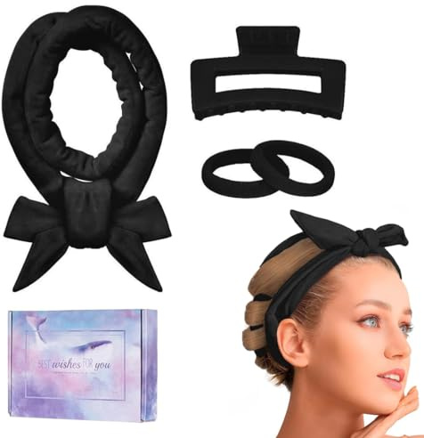 QIBZI Lockenwickler Set mit 4 verpackten schwarzen Lockenbändern, langer Lockenwickler, hitzefrei, samtiger, weicher Lockenwickler, geeignet für mittleres bis langes Haar