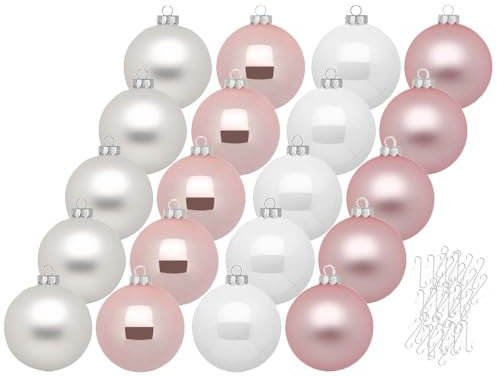 Inge Glas Weihnachtskugeln mit Haken | Schöne Christbaumkugeln aus Glas | Set 20 Kugeln und 40 Aufhänger | Christbaumschmuck Weihnachtsbaumkugeln (Noble Rose | rosa weiß)