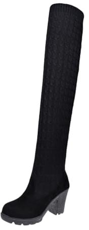 Xytraiihw Stivali Alti Fino al Ginocchio da Donna, Stivali Lunghi Elasticizzati Scarpe Invernali Calzini al Ginocchio in Maglia Spessa Stivali sopra Il Ginocchio con Tacco A Blocco,Nero,36 EU