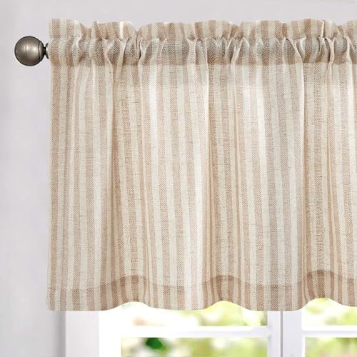 TOPICK 1 Stück H 40 x B 125 (cm) Scheibengardine Braun Gestreift Leinen Gardinen mit Streifen Küchenvorhang Semi-transluzent Kurz Küchengardinen für Küchen Esszimmer Klein Fenster Braun auf Beige