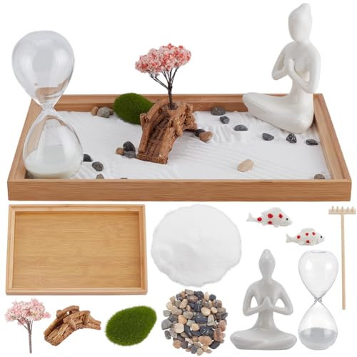 WEBEEDY Japanese Zen Garden for Desk,11 x 7.5 Mini Zen Garden Kit Desktop Sand Tray Kit with Sand Rocks Rakes Accessories for Home Office Desk Beautiful Decor Relaxation Meditation Gift Set