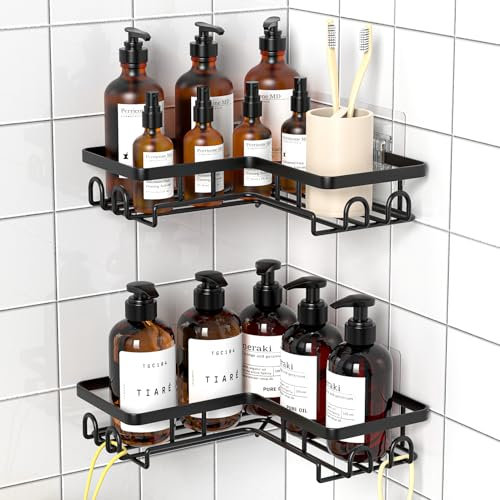 Diwoker Estanteria Baño sin Taladro, Estante Rinconera Ducha con Adhesivo, Baldas Baño Organizador Ducha, Accesorios Ducha (Negro, 2 Cesta)