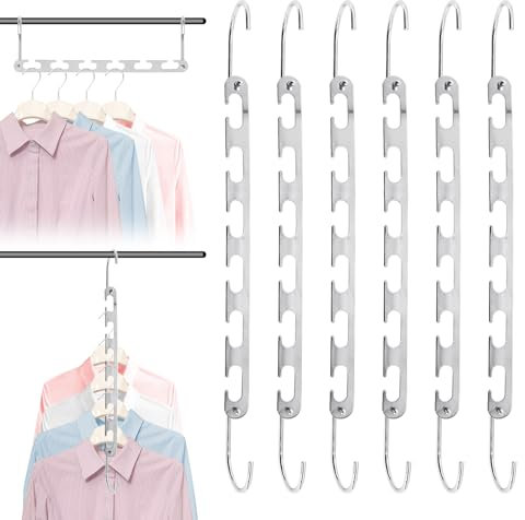 ICEBLUEOR 6 Pack Space Saving Hangers, Stainless Steel Hangers for Clothes Space Savers, Portable Closet Wardrobe Storage Organiser for Coat Trouser Shirts and Suits