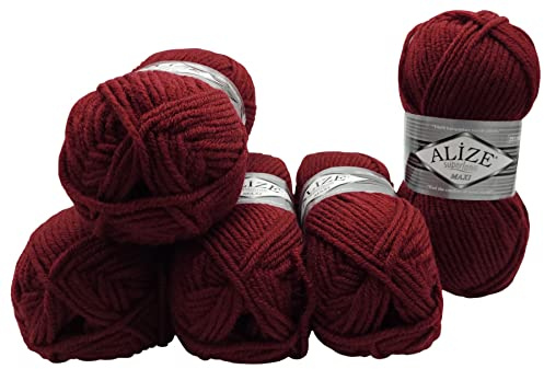 5 x 100 Gramm Ilkadim Export Superlana Maxi Strickgarn einfarbig, 500 Gramm Strickwolle, Häkelgarn 75% Acryl 25% Wolle, extra dick (bordeaux 57)