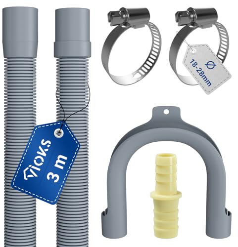 VIOKS Set Flexibler Abwasserschlauch Spülmaschine 3 Meter 19/22mmØ + 2x Klemmen Schlauchschellen Edelstahl 18-28mmØ + 1x Schlauch Verbindungsstück + 1x Haltebogen - Ablaufschlauch Waschmaschine Set