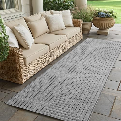 SIMPEX Outdoor Teppich Wetterfest, Wohnzimmer, Schlafzimmer, Wintergarten, Kurzflor Grau, Hoch-Tief-Effekt, weich & waschbar, Outdoor geeignet, pflegeleicht, 80x250 cm