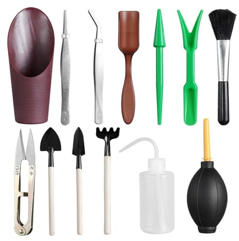 Mini-Garten-Handwerkzeuge, Bonsai, Sukkulenten, Miniatur-Pflanzwerkzeug-Set, Mini-Garten-Pflanzwerkzeug, Laubschneider, Rechen, Schaufeln, Bewässerungsflasche, 13-teilig