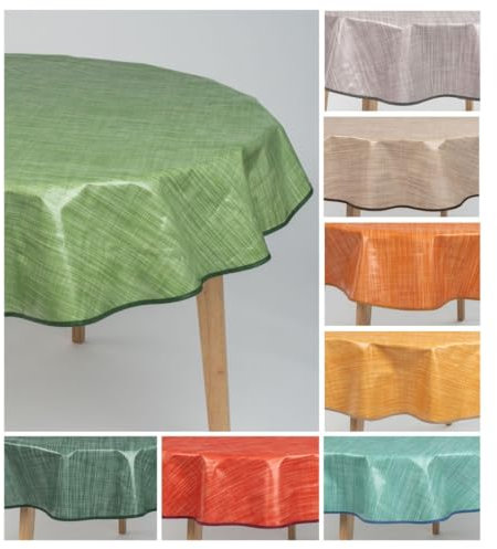 laro 140cm runde Wachstuch Tischdecke abwaschbar Wachstuchtischdecke mit Saum-Eingefasst-Paspelband, Muster:Leinenoptik Grün Meliert, Größe: Rund 140cm
