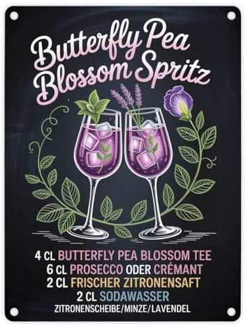 Butterfly Pea Blossom Spritz Metallschild in 15x20 cm Cocktail-Rezept für die Bar oder Küche Lustiges Blechschild mit Spruch für Cocktailfans