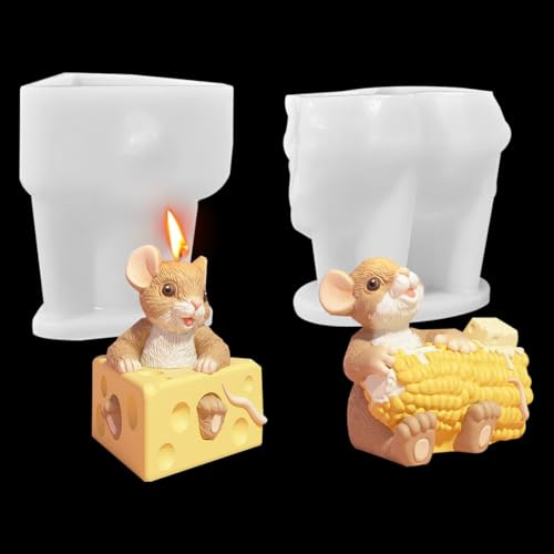 DeryArcle 2 Pcs Candle Resin Moulds, Cheese Epoxy Resin Silicone Moulds for DIY Candles Making, Cute Mouse Animal Sculpture for Home Decoration, Aromatherapy Crafts Soap