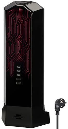Brennenstuhl Gaming Steckdosenturm 9-Fach mit USB und RGB Lichtsteuerung | Mehrfachsteckdose im Turmdesign mit Überspannungsschutz, 2m Kabel, 3x USB C mit max. 45W PD, 2x USB A und Schalter