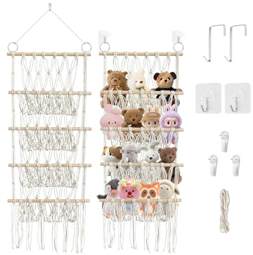 SANLIKE 4 Etagen Plüschtier Aufbewahrungsnetz mit 2 Haken 38 cm Breite | Metallringe und stabiles Baumwollseil, flexible Montage, platzsparend für Kinderzimmer Wohnzimmer Schlafzimmer