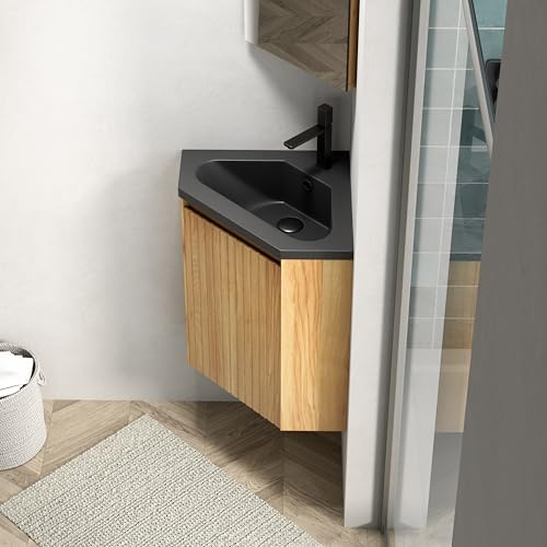 Lavabo d'angle avec meuble bas - 38 cm - Meuble de salle de bain étroit en bois naturel - Bac en résine noir mat avec montage mural et fermeture amortie