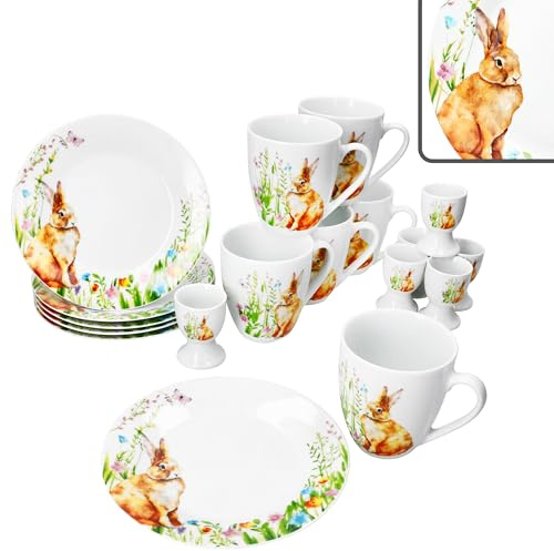MamboCat Osterfreude 18tlg Frühstücksset I 6x Kuchenteller, 6x Kaffeebecher 280 ml & 6x Eierbecher aus Porzellan mit Osterhasen Dekor I 6 Personen I für Frühstück & Kaffee