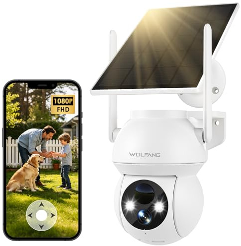 WOLFANG 1080P Solar Security Camera Outdoor, 360° PTZ WiFi Camera (2.4G Only), PIR Motion Detection, Color Night Vision, Two-Way Audio, IP65, Works with Alexa & Google Home, No Monthly Fee