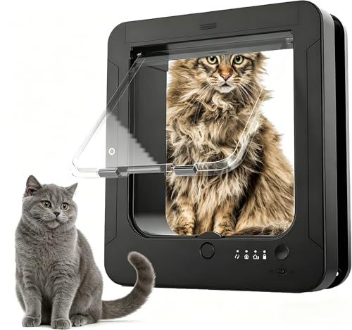 4-Way Lock with Microchip Collar Tag Weatherproof Magnetic Cat Flap Door, Black Easy Installation for Interior & Exterior Doors, Suitable for Cats and Small Dogs
