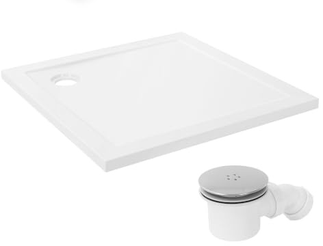 LuxeBath Piatto Doccia Quadrato 90x90 cm Slim, Salvaspazio, in SMC,Superficie Lucid, Ultra Piatto, Altezza 40 mm, Bianco con Piletta e Sifone, Gruppo di Scarico Completo, 3 Modalita di Installazione