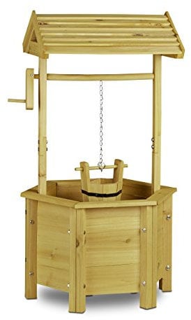 Relaxdays Dekobrunnen Garten Holz, Rolle, Eimer, HxBxT: 82 x 47 x 41 cm, Zierbrunnen, Gartendeko, Holzbrunnen, natur
