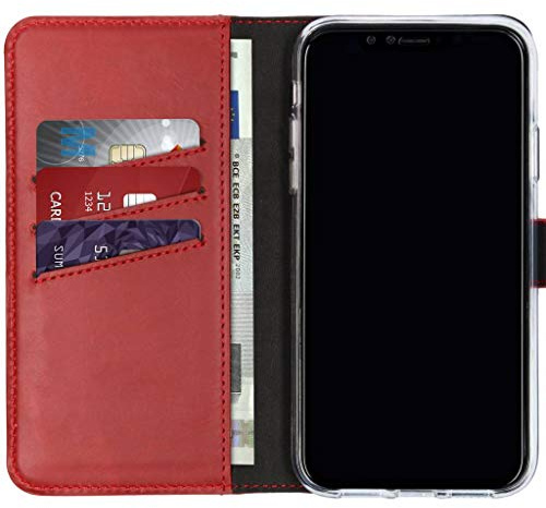 SELENCIA Bookcase Hülle kompatibel mit iPhone Xr – Era Leder Handytasche Side Flip Case – Handyhülle aus Rindsleder in Rot [3 Kartenfächer, Magnetverschluss]