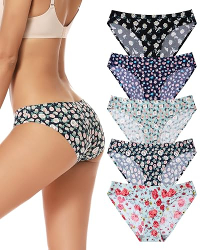 VOENXE Seamless Knickers Women,No Vpl Show Underwear,Invisible Bikini Pants | Breathable Ladies Brief Panties,Microfibre Stretch Sports Undies,Multipack Soft Comfortable Woman Gym Underpants,5 Pack