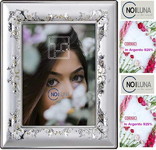 Cornice PORTAFOTO LASTRA a Fascia Larga in Argento 925% Cm.13x18 UTILE Foto Decoro Floreale con Dettagli in Oro Made in Italy 100% Retro in Eco Legno 14/3