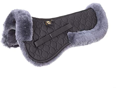 Merauno Lammfell Sattelkissen Lammfell Sattelpad Rand Ultra Sattelkissen mit Fellrand Half Pad voll ausgekleidet Lammfell Rim Naturwolle Wirbelsäule frei (Large(59cm), Schwarz)
