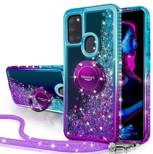 Miss Arts für Galaxy A21S Hülle,[Silverback] Mädchen Glitzern Handyhülle Hülle mit Ringständer, Cover Silikon Flüssigkeit Clear Schutzhülle für Samsung Galaxy A21S -LILA