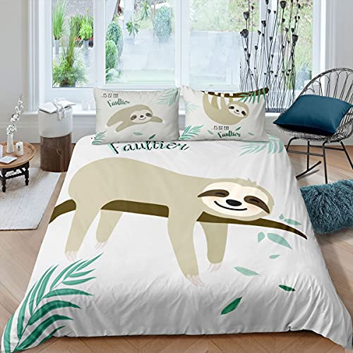 Kinder Faultier Bettwäsche 155x220cm Karikatur Tier Bettwäsche Set Faultier Tropisch Baum Blätter Dekor Bettbezug Set für Mädchen Frauen Jugendliche Super weich 100% Mikrofaser Betten Set 2st