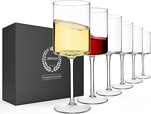 Chouggo Juego de 6 copas de vino cuadradas de cristal soplado a mano, copa de vino tinto o blanco de 11 onzas, hechas a mano por artesanos, regalos para mujeres, hombres, bodas, aniversarios, Navidad,