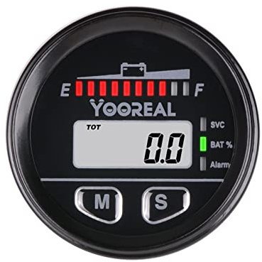 Yooreal Indicatore di batteria Manutenzione SVC Avviso di tensione 12V 24V 36V 48V con contaore per auto da club Rimorchio da viaggio Carrello elevatore lavasciuga Ebike RV Auto elettrica